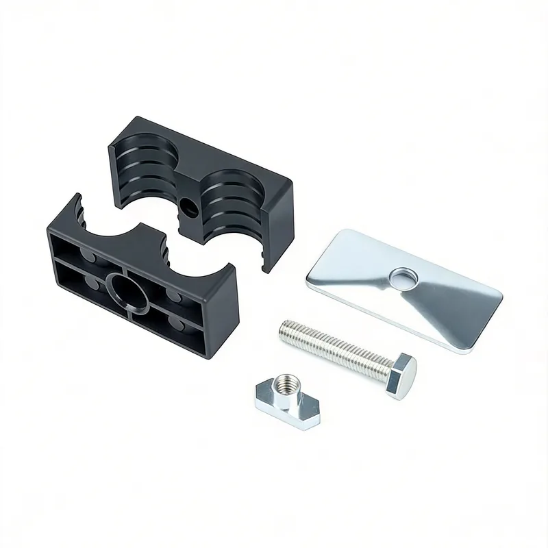 WQL/WQT light twin-hole rail-nut nylon pipe clamp — exploded view: body, bolt, nut, twin-hole rail-nut