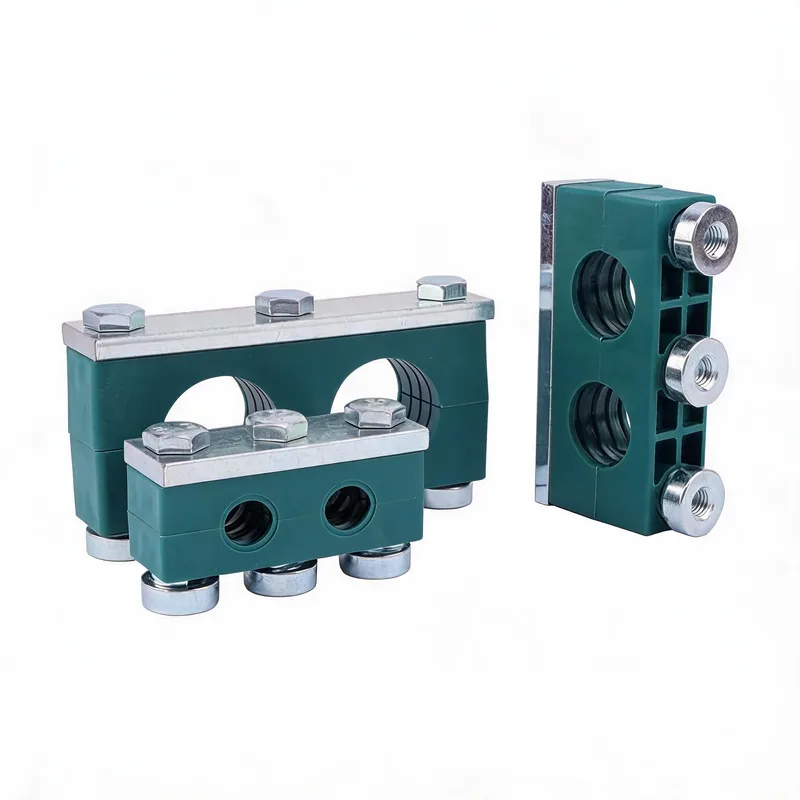 WQT heavy twin lateral rail-nut pipe clamp size range — ø14–108 mm comparison — DIN 3015-2
