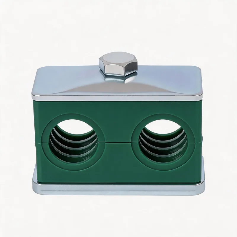 Twin-hole pipe clamp keeping parallel coolant lines at repeatable spacing