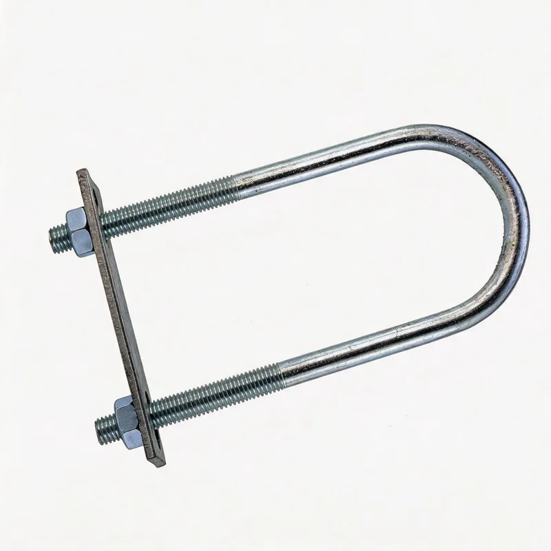 WQU snap-buckle U-bolt pipe clamp — angled view, hot-dip galvanized steel, DN15–DN100