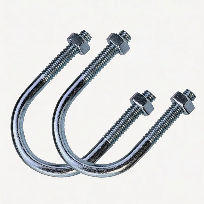 WQU galvanized U-bolt pipe clamp — angled view, hot-dip galvanized steel, DN15–DN100